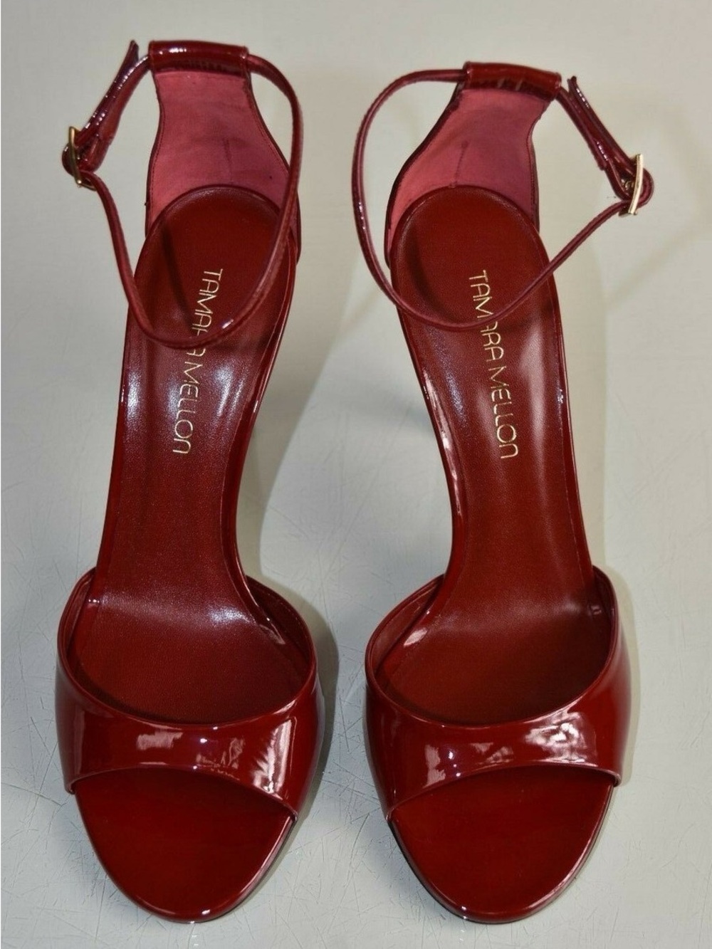 Tamara Mellon Burgundy Patent Leather Ankle-Strap Heels 41